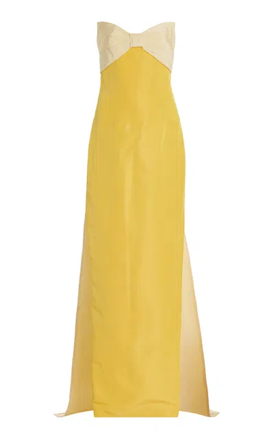 Monique Lhuillier Color-blocked Silk Faille Column Gown In Yellow