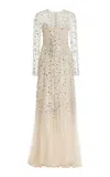 Monique Lhuillier Crystal-embellished Chiffon Illusion Gown In Ivory