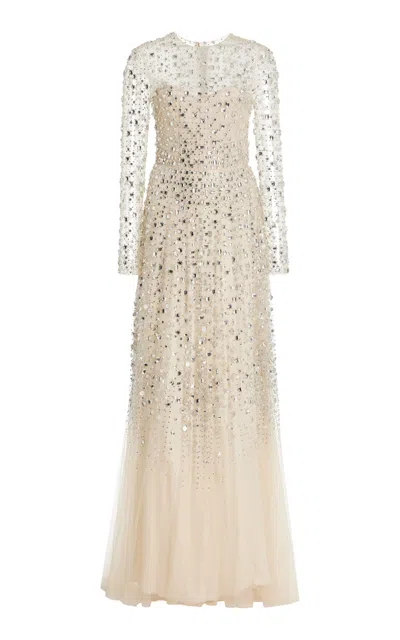 Monique Lhuillier Crystal-embellished Chiffon Illusion Gown In Ivory