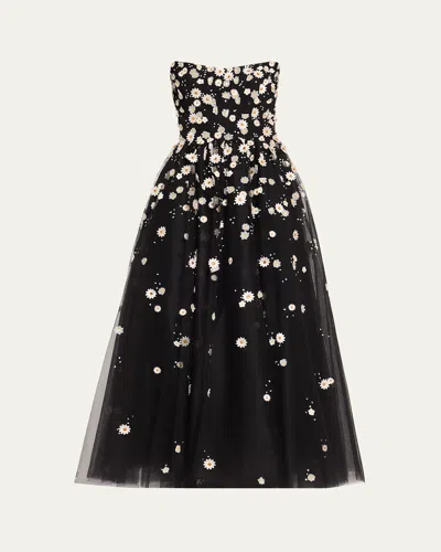 Monique Lhuillier Daisy Embroidered Strapless Tulle Cocktail Dress In Noir Multi
