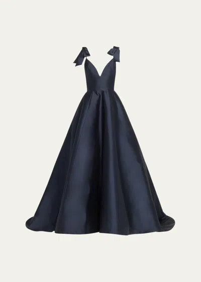 Monique Lhuillier Deep-v Bow Shoulder Ball Gown In Night Sky