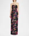 Monique Lhuillier Demi Strapless Floral-print Column Gown In Black Starry Rose