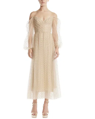 Monique Lhuillier Dotted Tulle Off-the-shoulder Midi Dress In Beige
