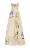 Monique Lhuillier Draped Bodice Silk Ball Gown With Slit In Neutral