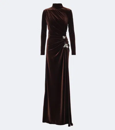 Monique Lhuillier Draped Embellished Velvet Gown In Brown