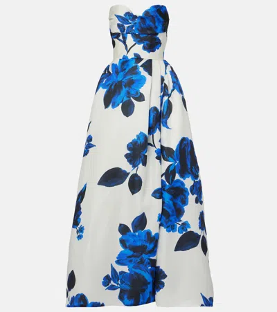 Monique Lhuillier Draped Floral Silk Gown In Blue
