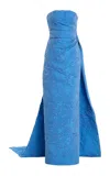 Monique Lhuillier Draped Front Column Gown With Train In Blue
