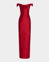 Monique Lhuillier Draped Off-the-shoulder Column Gown In Red