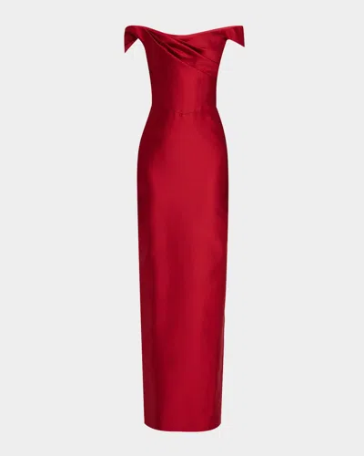 Monique Lhuillier Draped Off-the-shoulder Column Gown In Red