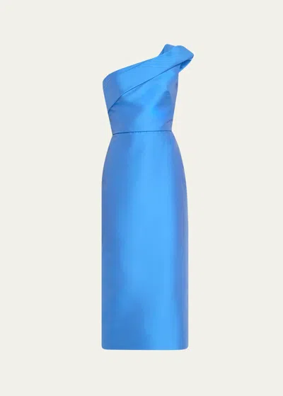 Monique Lhuillier Draped One-shoulder Column Midi Dress In Sky Blue