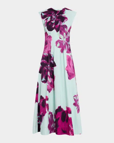 Monique Lhuillier Electric Floral Print Poplin Pleated Midi Dress In Green