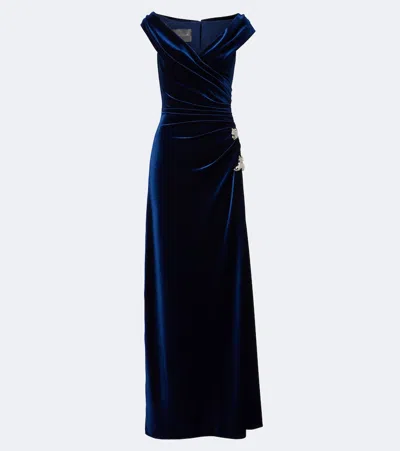 Monique Lhuillier Embellished Draped Velvet Gown In Blue