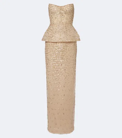 Monique Lhuillier Embellished Peplum Bustier Gown In Brown