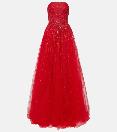 Monique Lhuillier Embellished Tulle Gown In Cherry Red