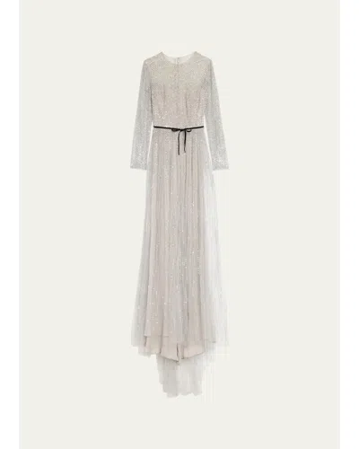 Monique Lhuillier Embellished Tulle Long-sleeve Illusion Gown In Gray