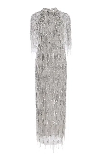 Monique Lhuillier Embroidered Fringe Midi Dress With Outerwear Let In Silver