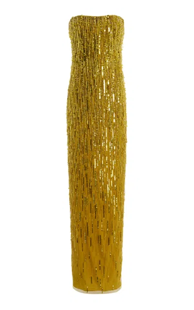 Monique Lhuillier Embroidered Fringe Strapless Maxi Dress In Gold