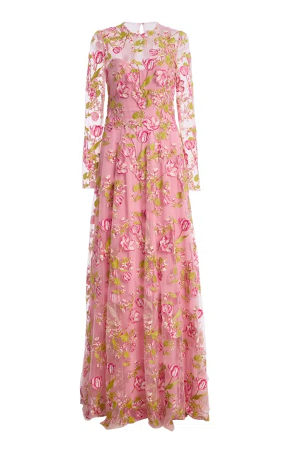 Monique Lhuillier Embroidered Illusion Bodice Long-sleeve Dress In Pink