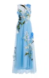 Monique Lhuillier Embroidered Illusion Bodice Sleeveless Gown In Blue