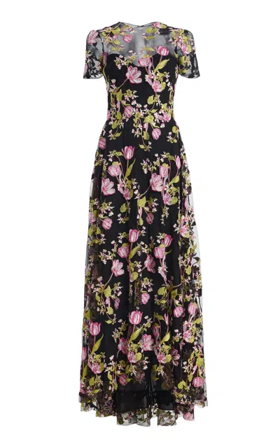 Monique Lhuillier Embroidered Illusion Maxi Dress In Black