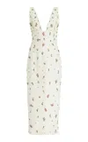 Monique Lhuillier Embroidered Linen Cocktail Midi Dress In White
