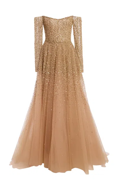 Monique Lhuillier Embroidered Off-the-shoulder Long-sleeve Dress In Brown