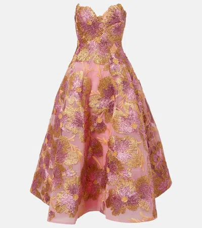 Monique Lhuillier Embroidered Raffia-blend Midi Dress In Multi