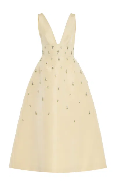 Monique Lhuillier Embroidered Silk Faille Cocktail Midi Dress In Yellow