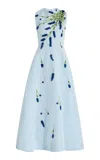 Monique Lhuillier Embroidered Silk Faille Tea Length Gown In Blue