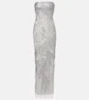 Monique Lhuillier Embroidered Silk Tulle Gown In Silver