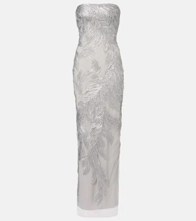 Monique Lhuillier Embroidered Silk Tulle Gown In Silver