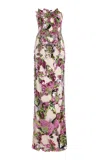 Monique Lhuillier Embroidered Strapless Column Silk Gown In Multi