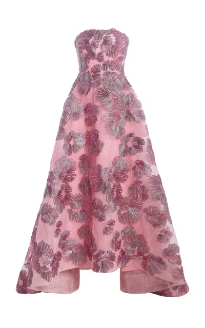 Monique Lhuillier Embroidered Strapless High-low Maxi Dress In Pink