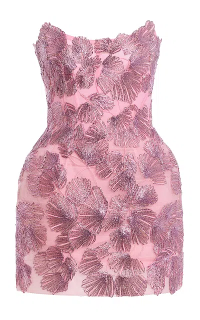 Monique Lhuillier Embroidered Strapless Mini Cocktail Dress In Pink