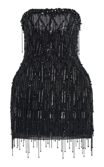 Monique Lhuillier Embroidered Strapless Mini Dress In Black