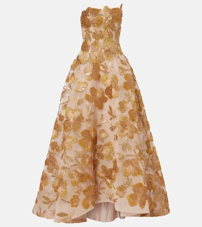 Monique Lhuillier Embroidered Strapless Raffia-blend Gown In Gold