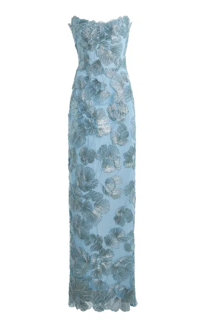 Monique Lhuillier Embroidered Tulle Column Dress In Blue