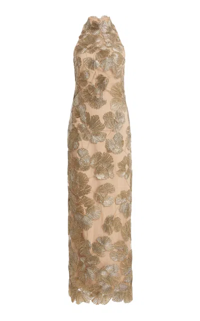 Monique Lhuillier Embroidered Tulle Halter Maxi Dress In Neutral