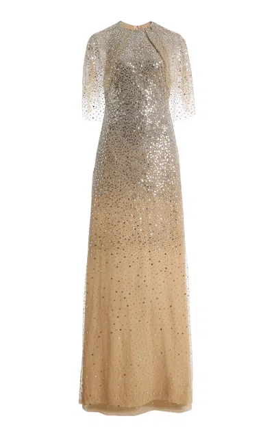 Monique Lhuillier Embroidered Tulle Integral Outerwear Maxi Dress In Gold