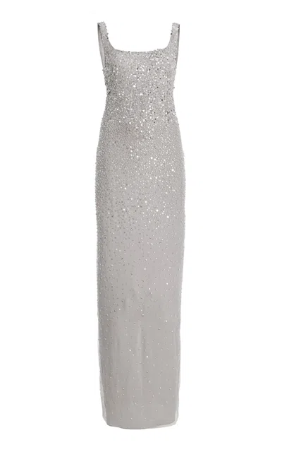 Monique Lhuillier Embroidered Tulle Scoop-neck Maxi Dress In Silver