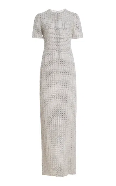Monique Lhuillier Embroidered Tulle Short-sleeve Maxi Dress In White