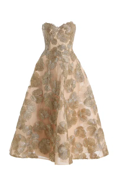 Monique Lhuillier Embroidered Tulle Strapless Midi Dress In Gold