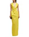 Monique Lhuillier Faille Sequin Deep V-neck Gown With Bow Detail In Canary Yellow In Yellow