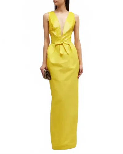 Monique Lhuillier Faille Sequin Deep V-neck Gown With Bow Detail In Canary Yellow