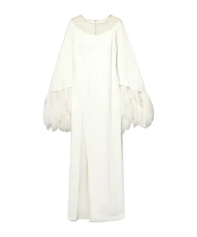 Monique Lhuillier Feather And Tulle-trimmed Silk-crepe Gown In White