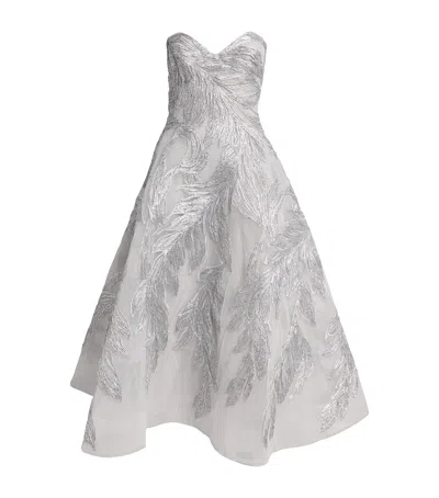Monique Lhuillier Feather-embroidered Cocktail Gown In Blue