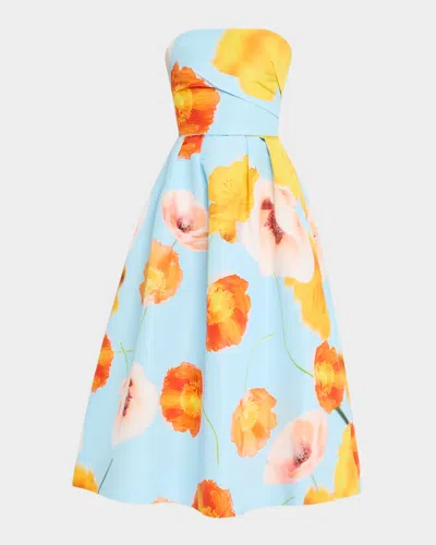 Monique Lhuillier Floating Poppy-print Strapless Tea-length Dress In Powder Bluemulti
