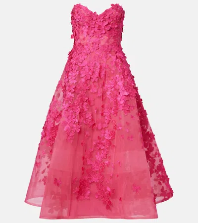 Monique Lhuillier Floral-appliqué Tulle Midi Dress In Pink