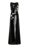 Monique Lhuillier Floral-appliquéd A-line Gown In Black