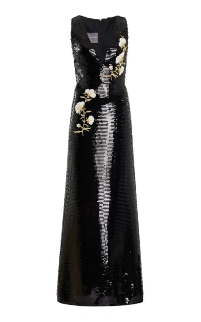 Monique Lhuillier Floral-appliquéd A-line Gown In Black
